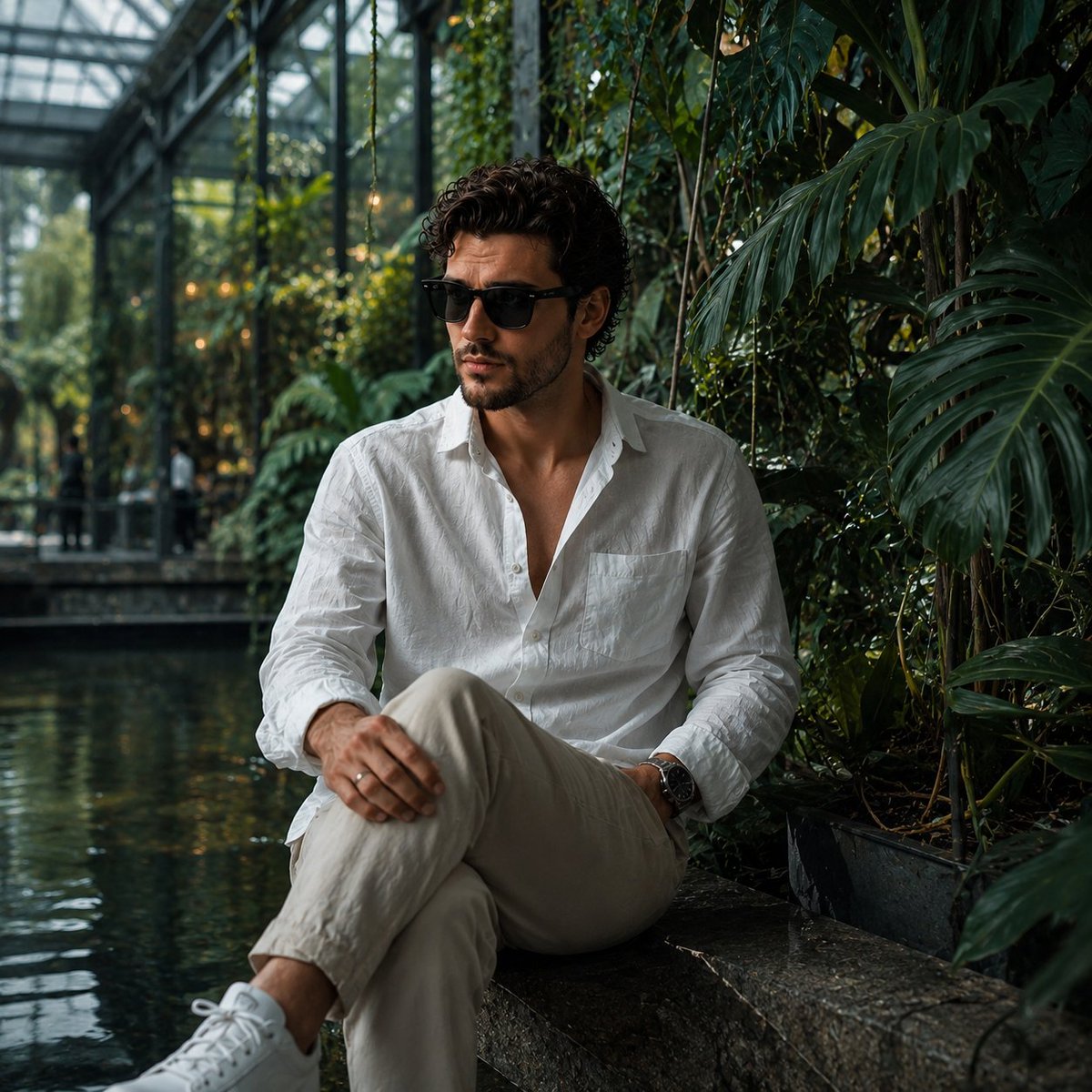 A handsome man in sunglasses sits by a pond in a glass greenhouse