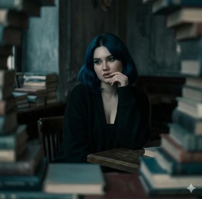 Girl sits alone in dim café with melancholic expression