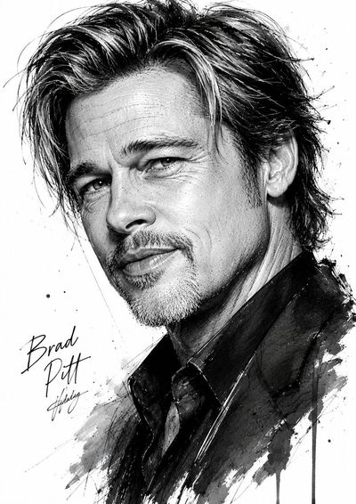 Brad Pitt's confident smile captured in hyper-realistic graphite sketch