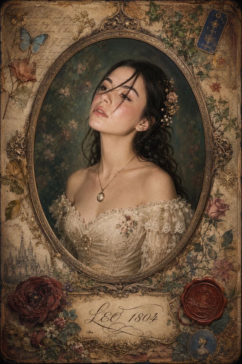 A Victorian noblewoman gazes softly from an aged oval portrait