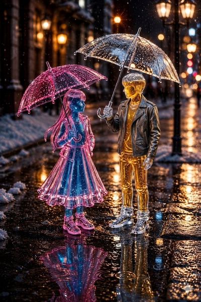 A girl made of pink glass meets a boy of amber gold under snowfall.