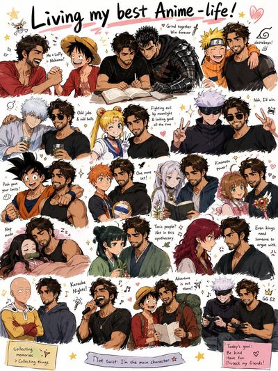 Chaotic anime friends join me in silly activities on white background