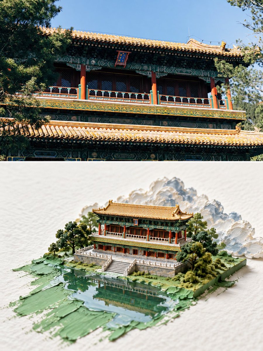 Architectural Photo Meets Impasto Miniature Model in Gallery Display