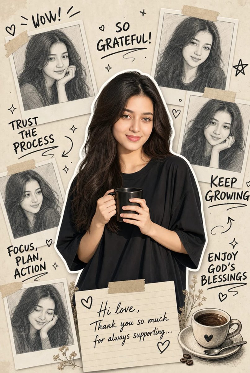 Korean girl with coffee mug surrounded by doodle art and polaroids