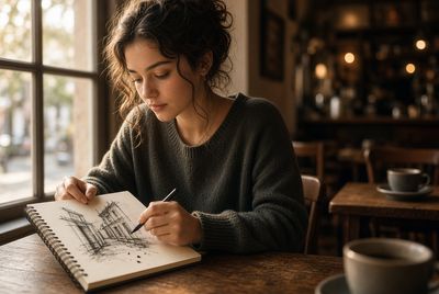 Young Woman Sketches Architectural Street View in Vintage Café