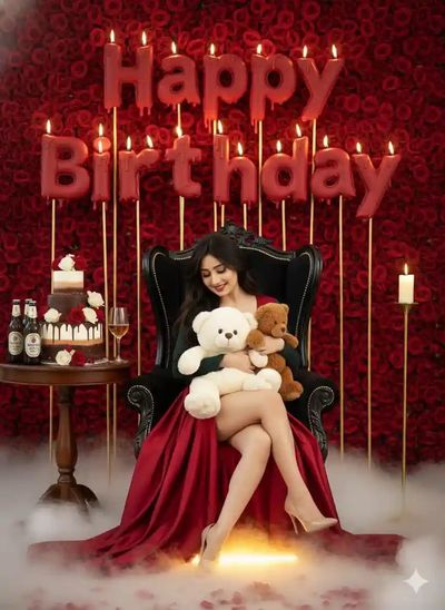 Woman in red satin gown celebrates birthday with melting candles