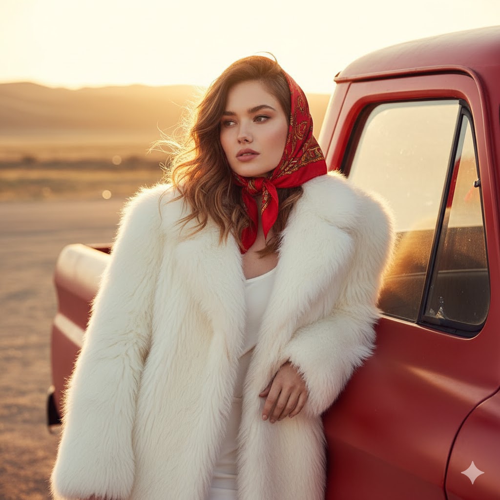 Sunset Glam: A Fashion Moment by the Red Truck