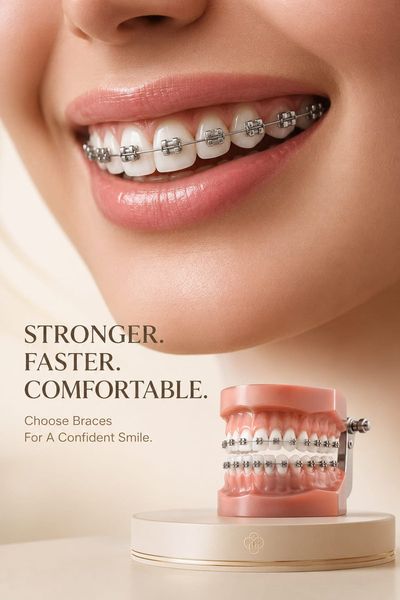 A flawless smile with polished braces showcases premium orthodontic luxury