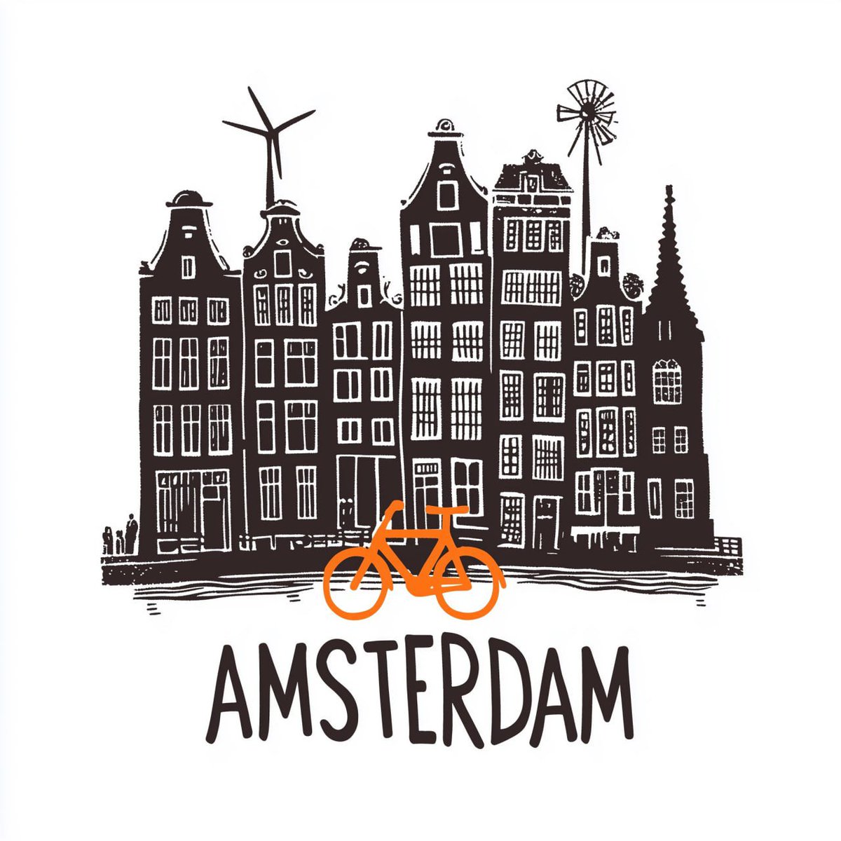 A small orange bicycle sits beneath Amsterdam's stacked landmarks