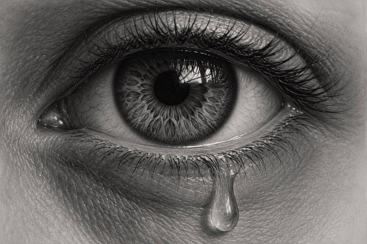 Hyper-realistic graphite eye with tear and intricate iris details