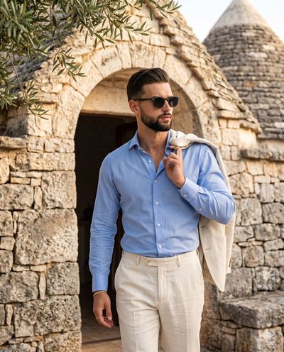 Confident man in blue shirt turns through Mediterranean stone archway