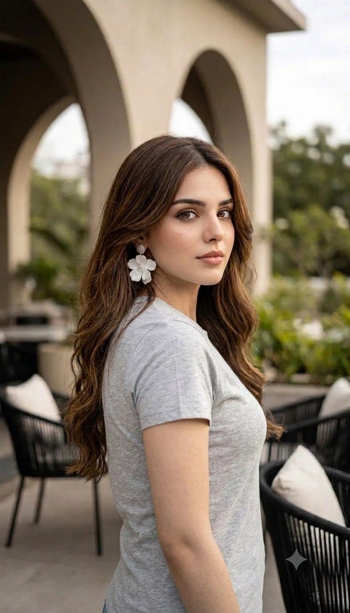 Young woman in gray tee turns over shoulder with gentle gaze