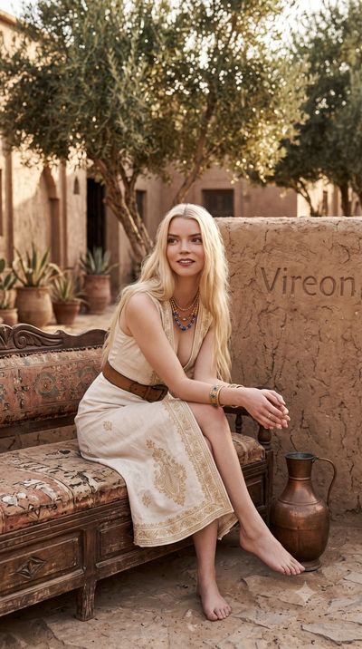 Madelyn Cline leans against a sunlit mud-brick wall in gold hour