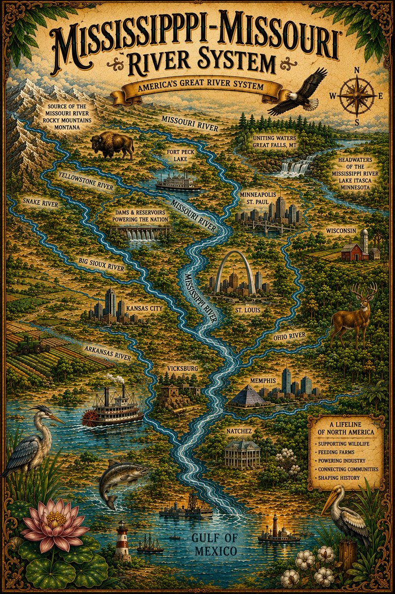 A vintage map poster shows the Amazon River winding through South America.