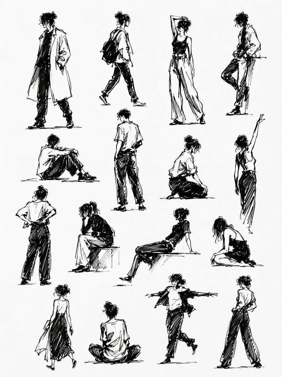 Black ink gesture sketches fill a clean sketchbook page
