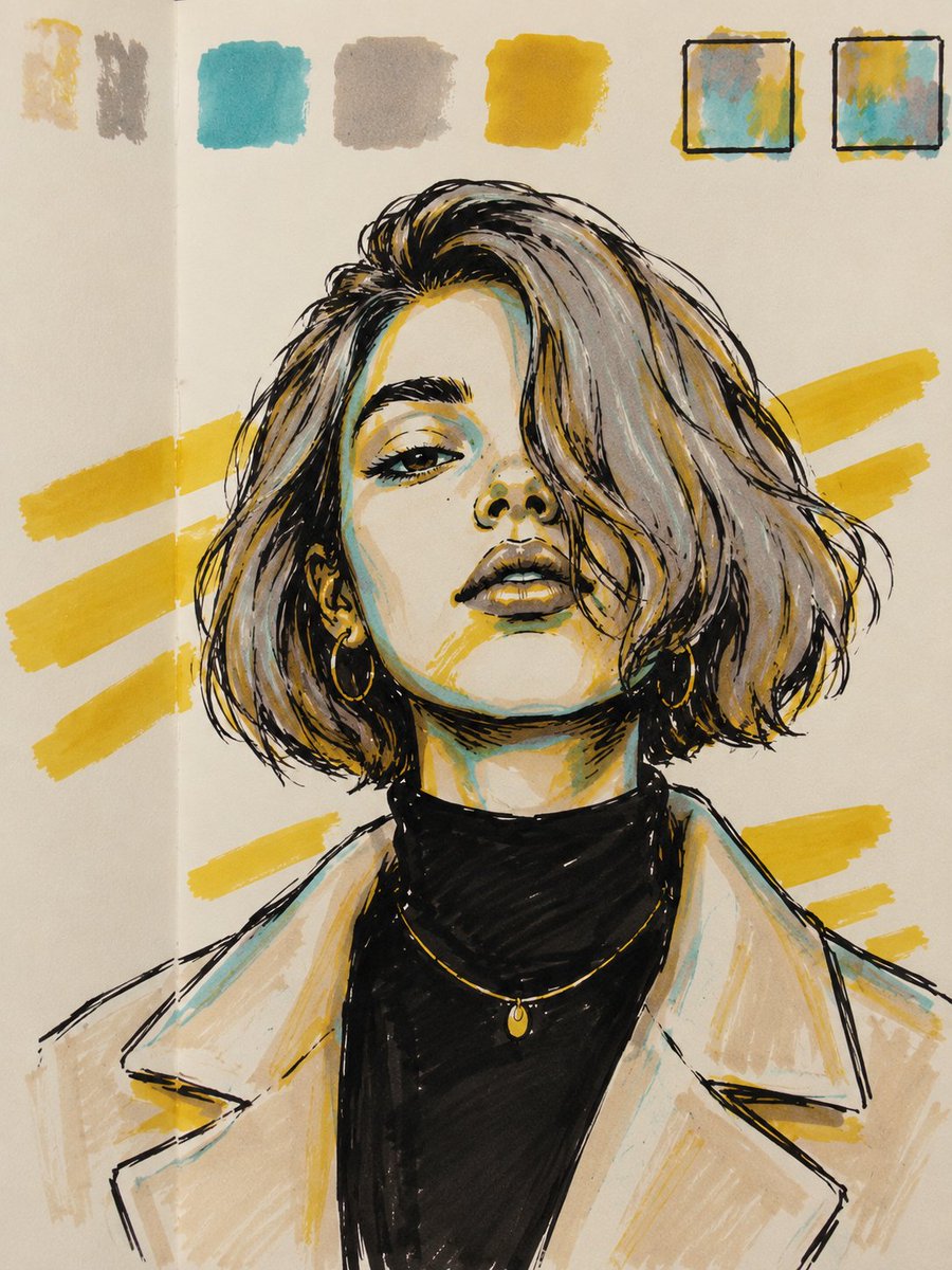 Confident editorial portrait transforms into bold marker sketch