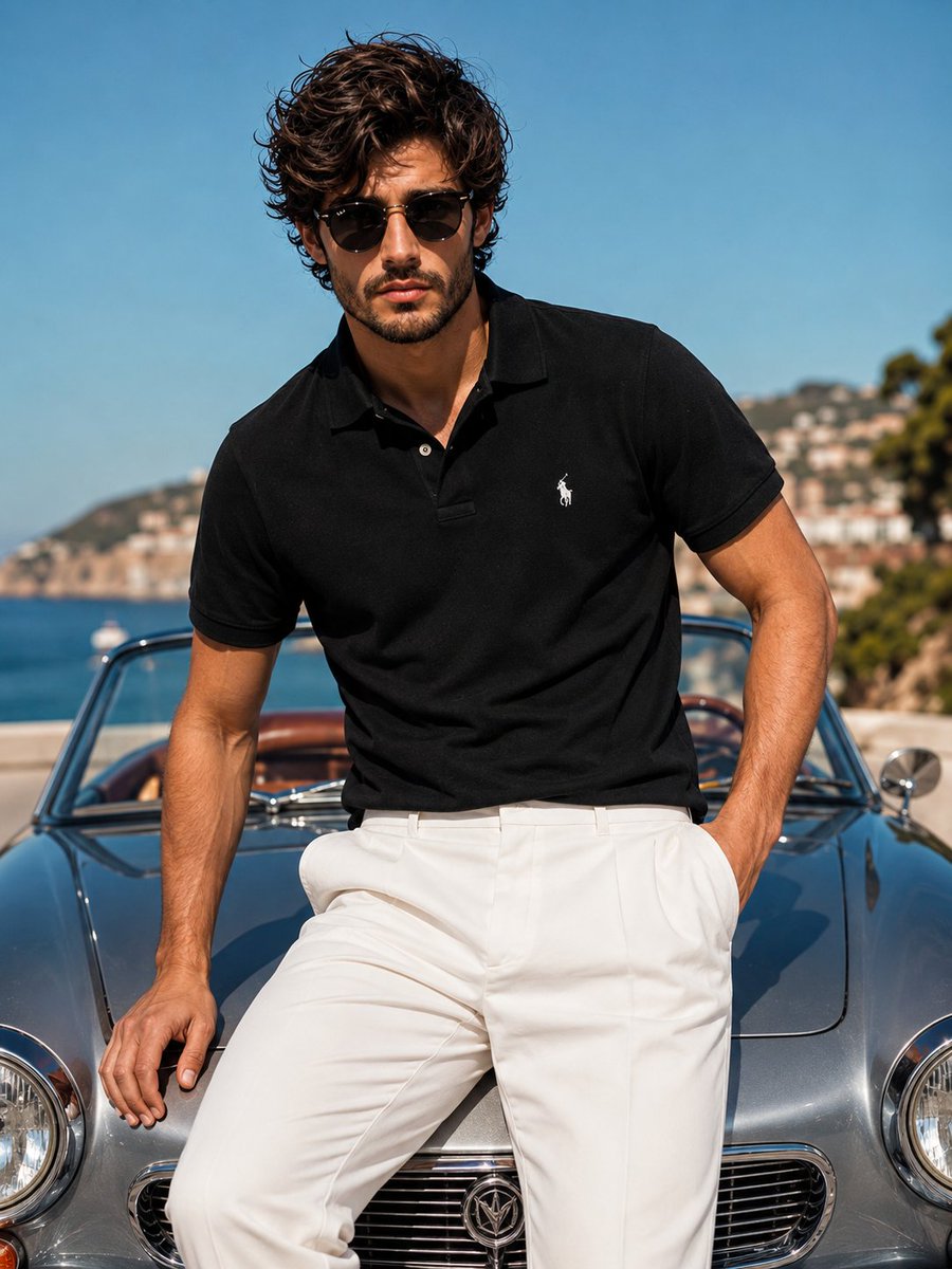 Model in blue denim jacket leans on classic vintage convertible under sun.
