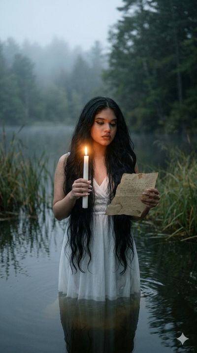 Girl holds a glowing candle in a misty forest lake at dawn.