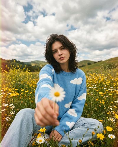 A woman in a cloud sweater offers a daisy in a sunlit field