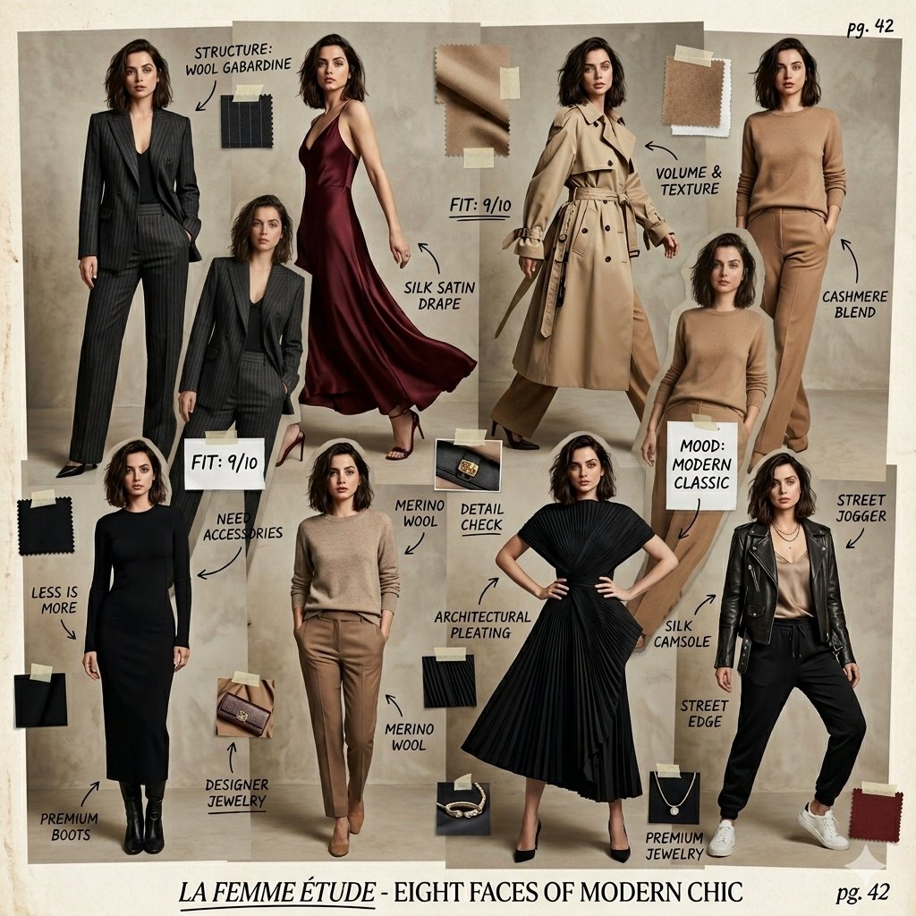 Eight unique couture looks showcase one model in a luxury collage