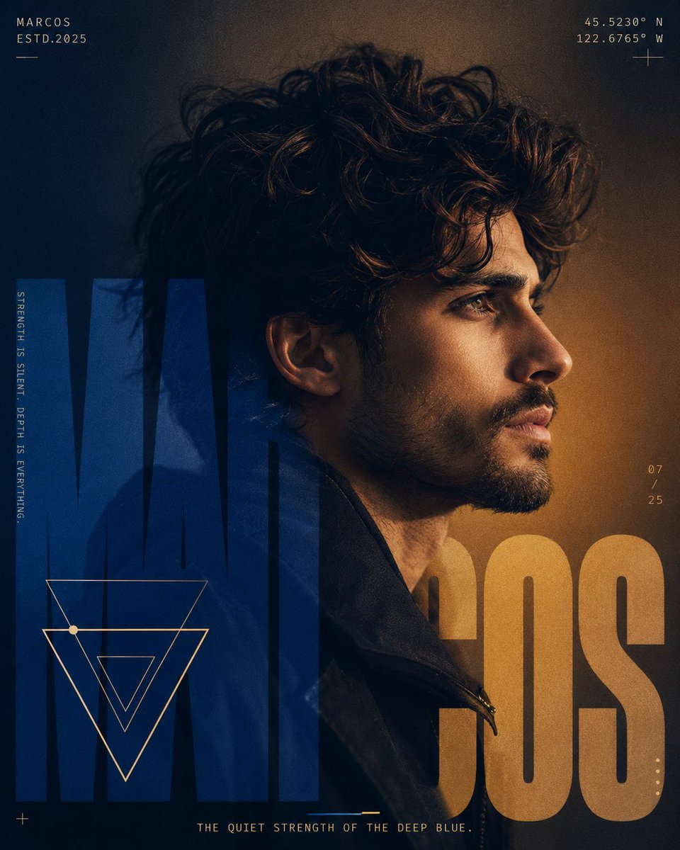 A young man's intense profile emerges from deep blue amber light