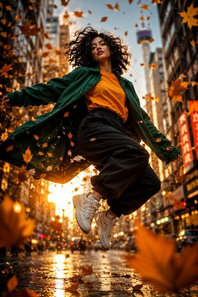 A confident woman walks through a rain-soaked city at golden hour