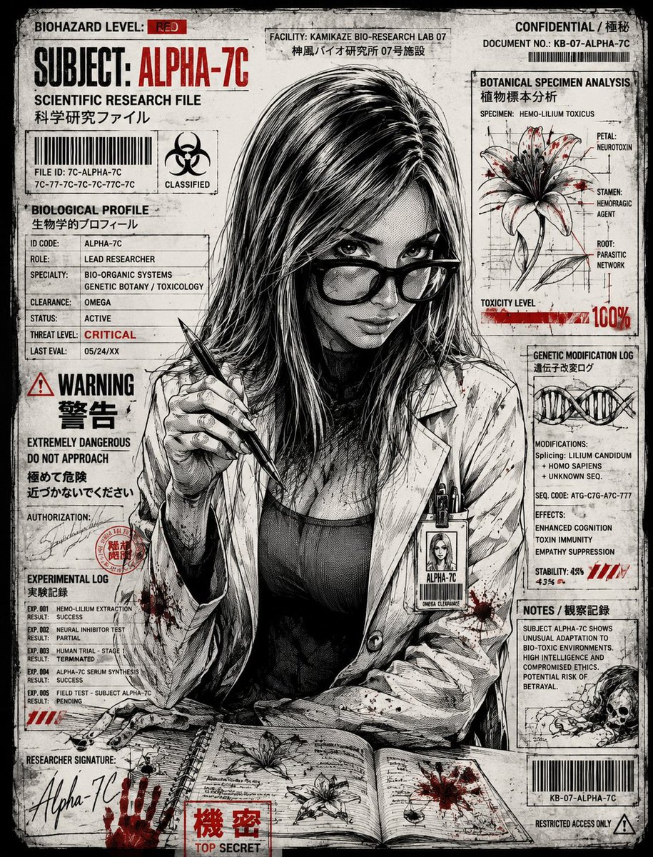 A red-eyed scientist examines plant data in a grunge dossier