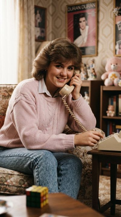 Woman in pink sweater chats on rotary phone in retro living room