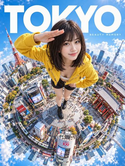 Traveler salutes atop spherical panorama of San Francisco landmarks, ultra wide