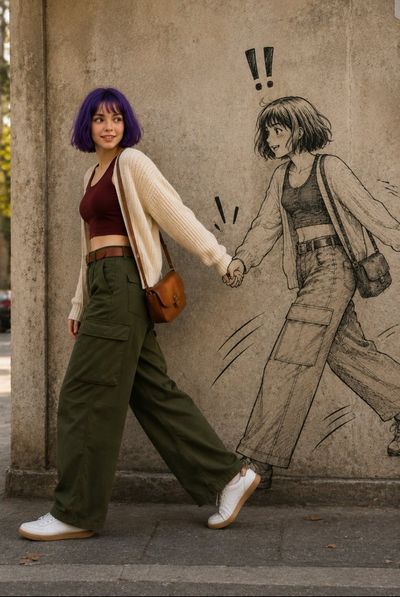 Wareen strolls past her ink-drawn twin on a sunlit street wall.