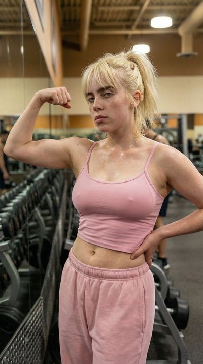 Focused Strength: Blonde Woman Flexing in Pink Gymwear
