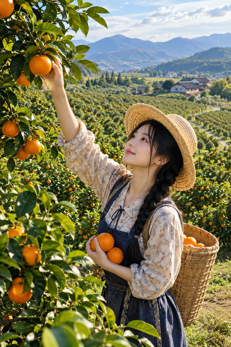 Young girl picks ripe oranges in vast Chinese orchard at golden hour