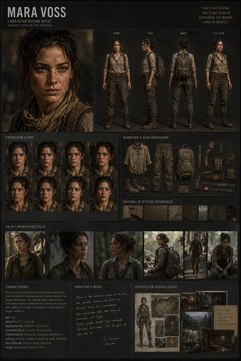 Realistic tactical woman in gritty cinematic character sheet.