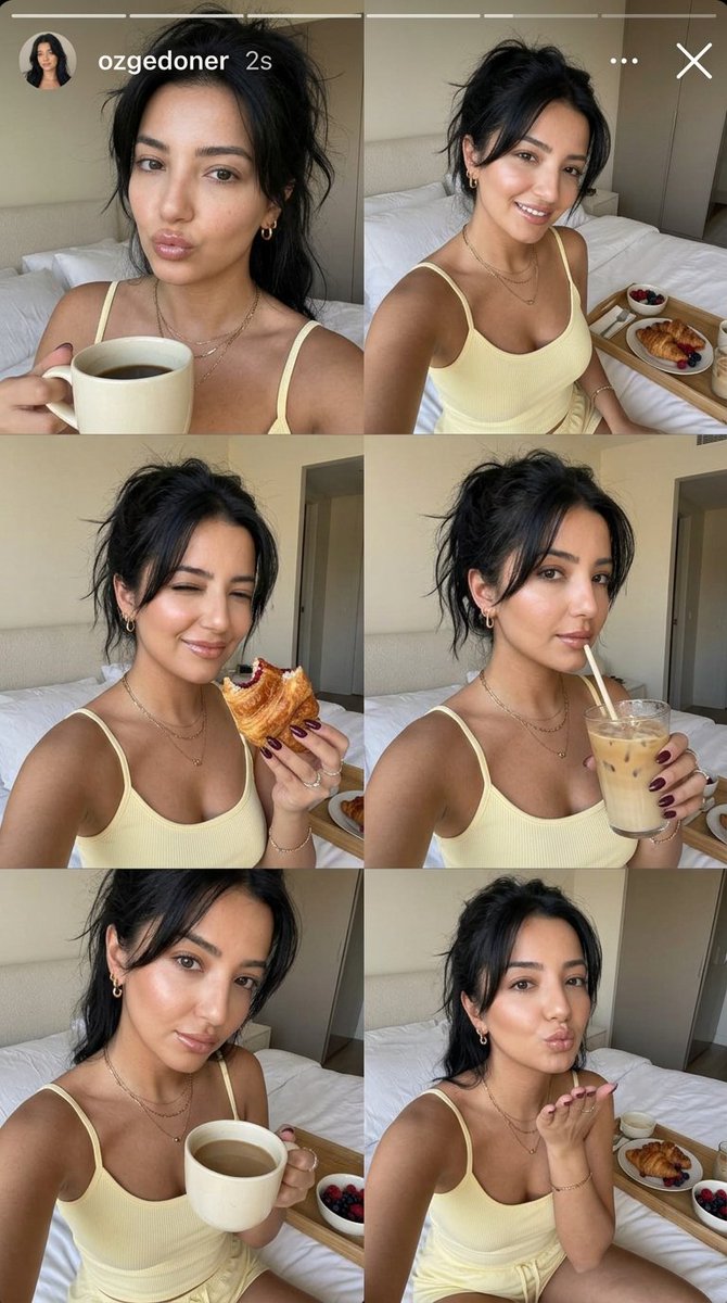 Woman in butter-yellow pajamas takes playful morning selfies