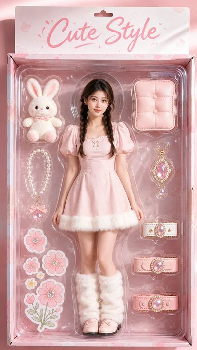 A real woman stands inside a pastel pink doll box