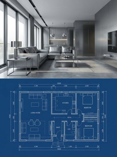 Metallic Modern: Interior Render Meets Architectural Blueprint