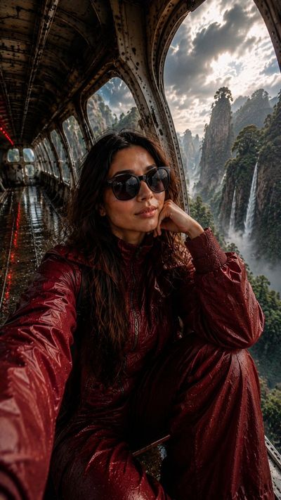 A woman takes a selfie inside a wrecked plane above jungle waterfalls