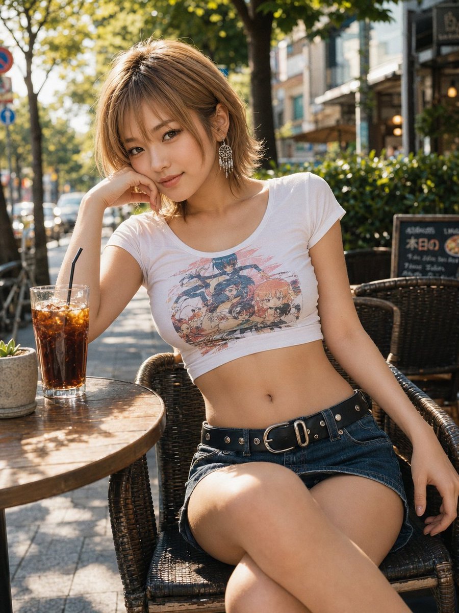 Young woman in gyaru style sits at sunlit café terrace