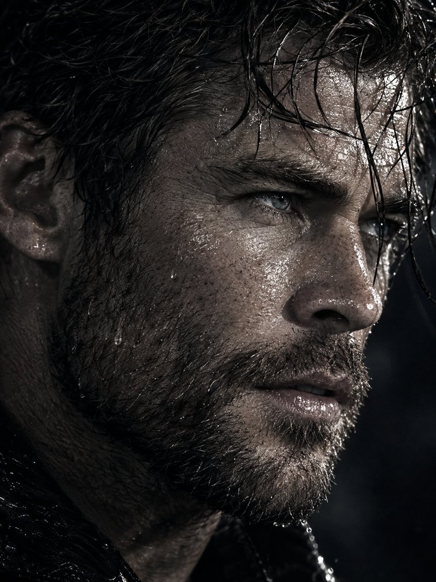 Hyper-realistic male portrait with wet skin and sharp highlights