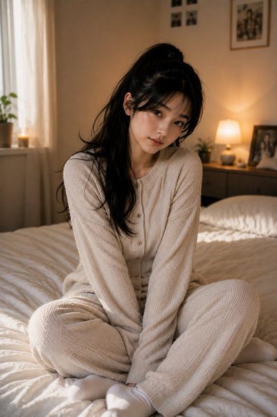 Young woman sits cross-legged on bed in cozy Korean bedroom