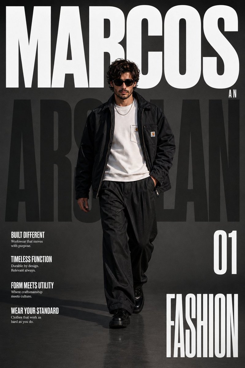 A stylish male model walks confidently in dark charcoal workwear