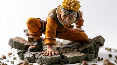 Goku strikes his iconic pose atop a shattered rock sculpture.