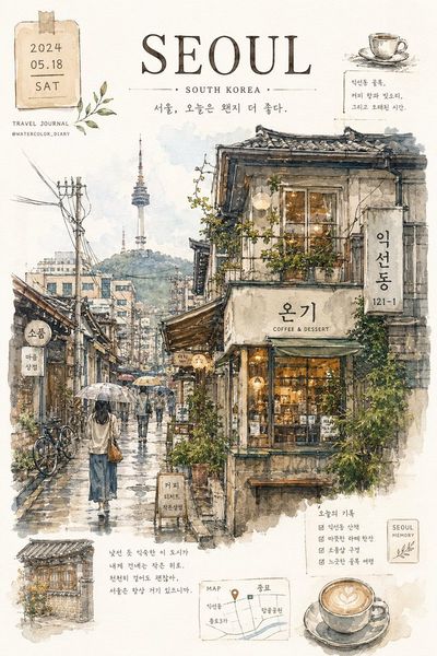 Seoul alley gleams after rain with warm cafe lights