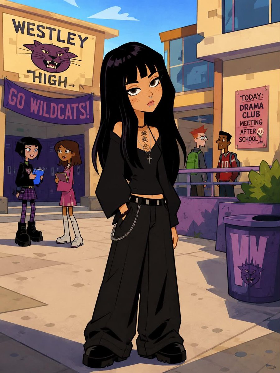 A student with glasses stands in a colorful cartoon school hallway