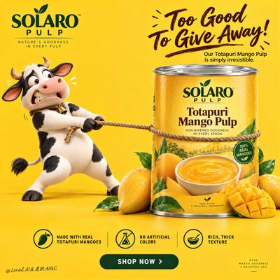 Cow strains backward on taut rope while giant mango can stands firm