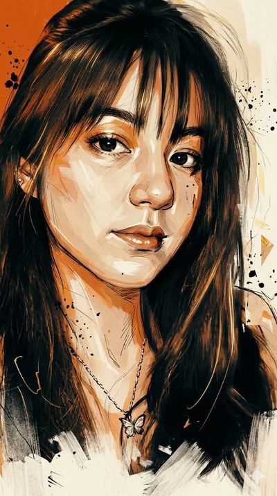 A dark orange portrait blends geometric shapes with expressive sketch strokes