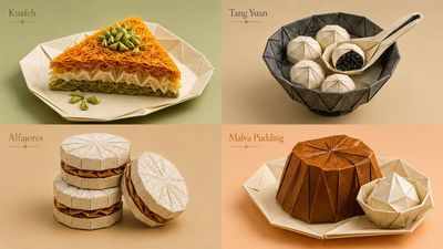 Golden Malva pudding transforms into crisp folded paper dessert