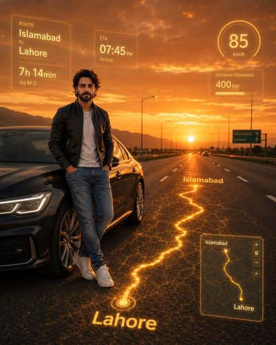 Young man stands by a modern car on a highway at golden hour