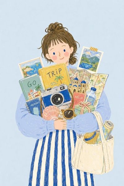 A cozy family gathers treasures in a pastel cottagecore illustration.