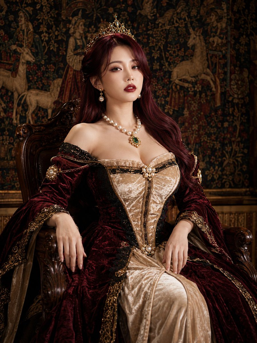 A regal noblewoman in burgundy velvet poses with calm confidence
